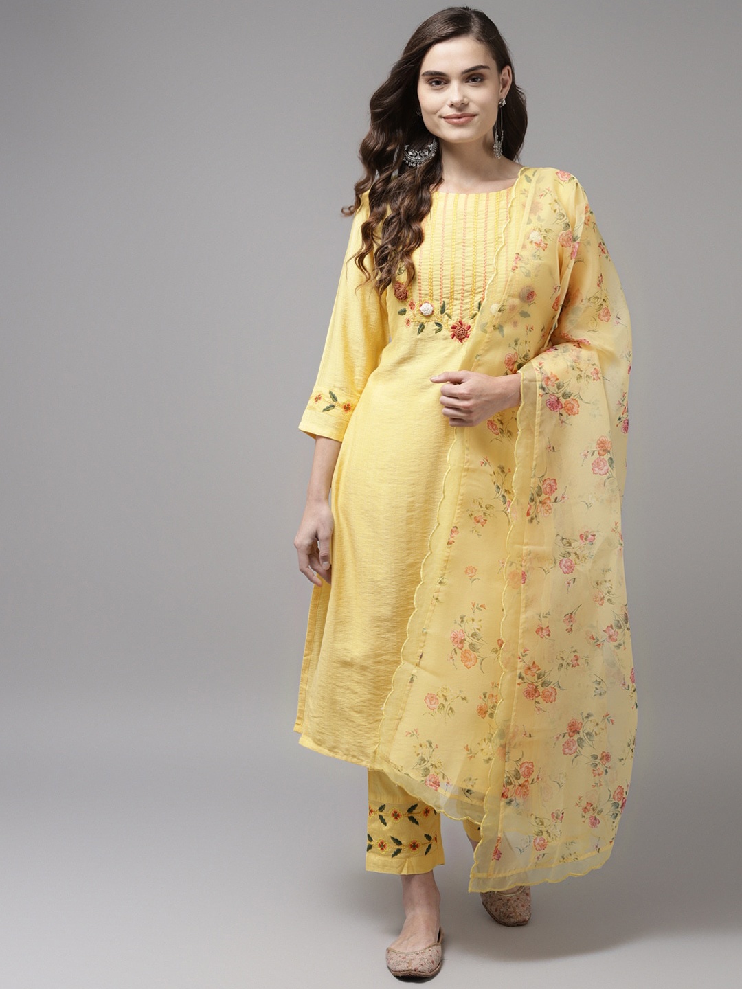 

Indo Era Women Yellow Ethnic Motifs Yoke Design Regular Kurta with Trousers & Dupatta