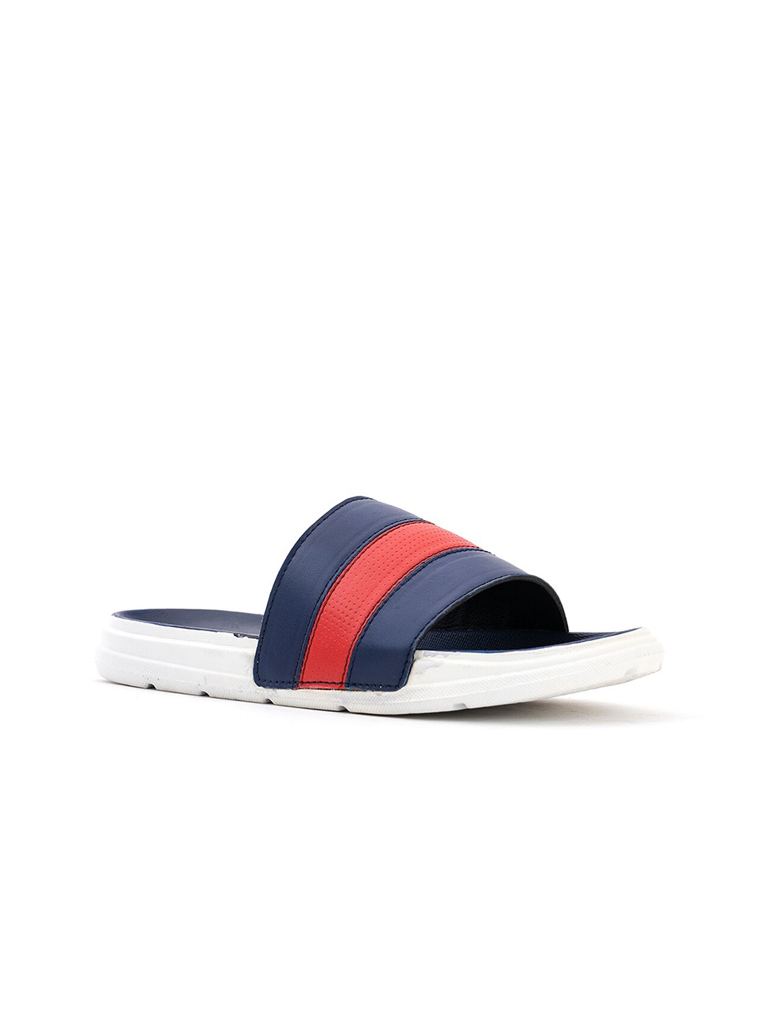 

Khadims Men Navy Blue & Red Colourblocked Sliders