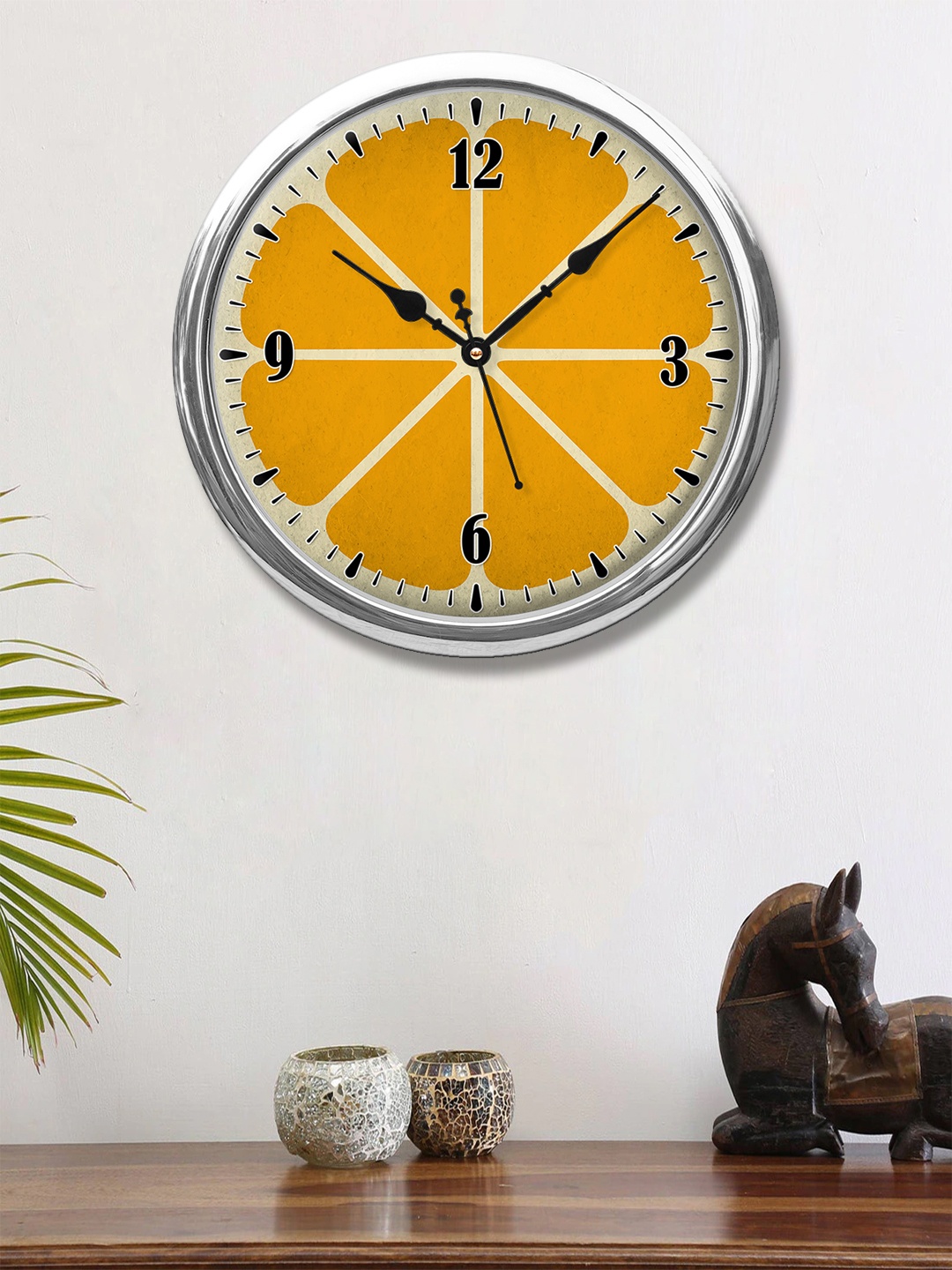 

999Store Yellow & Silver-Toned Orange Fruit Printed Contemporary Wall Clock 30 cm