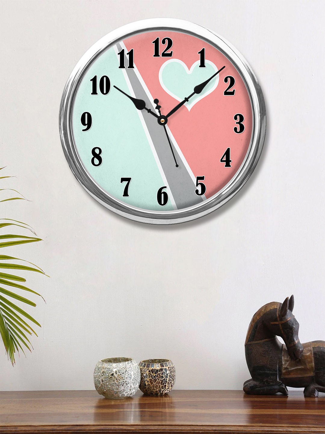 

999Store Sea Green & Pink Love Heart Printed Contemporary Wall Clock 30 cm