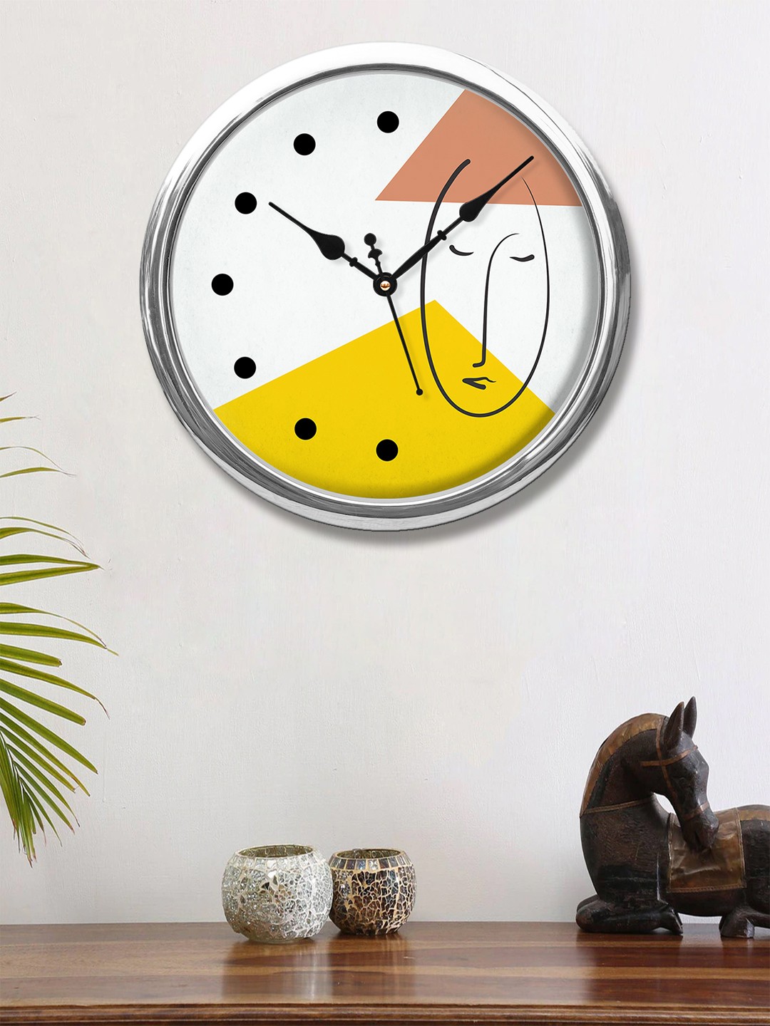 

999Store White & Yellow Abstract One Line Face Printed Contemporary Round Wall Clock