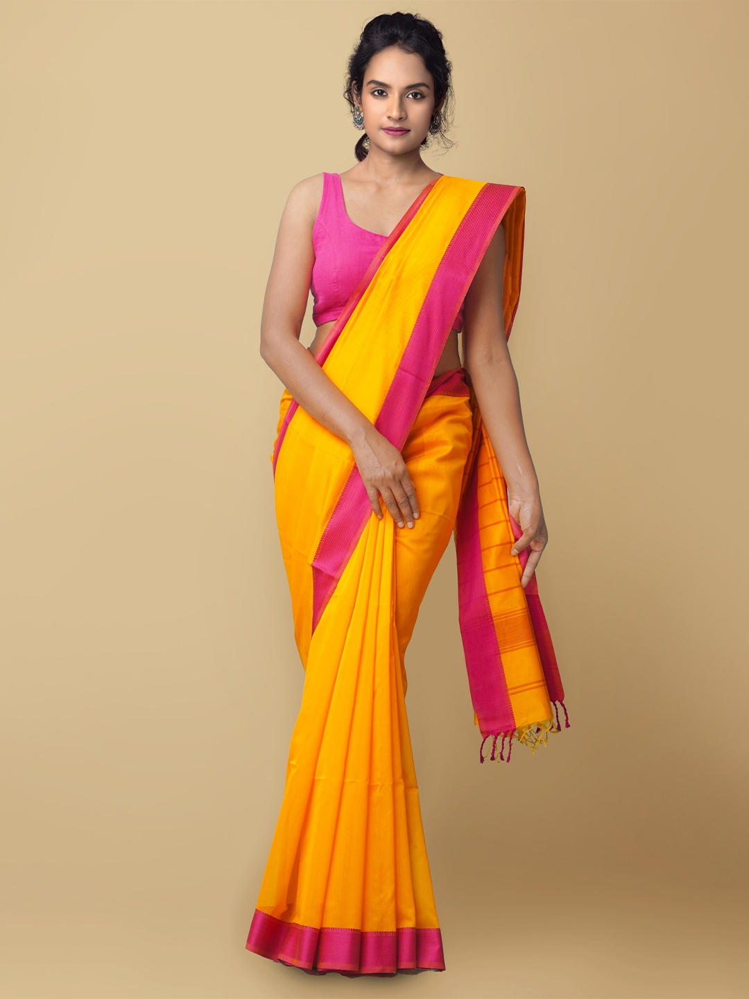 

Unnati Silks Women Orange & Pink Pure Handloom Maheshwari Sico Sustainable Saree