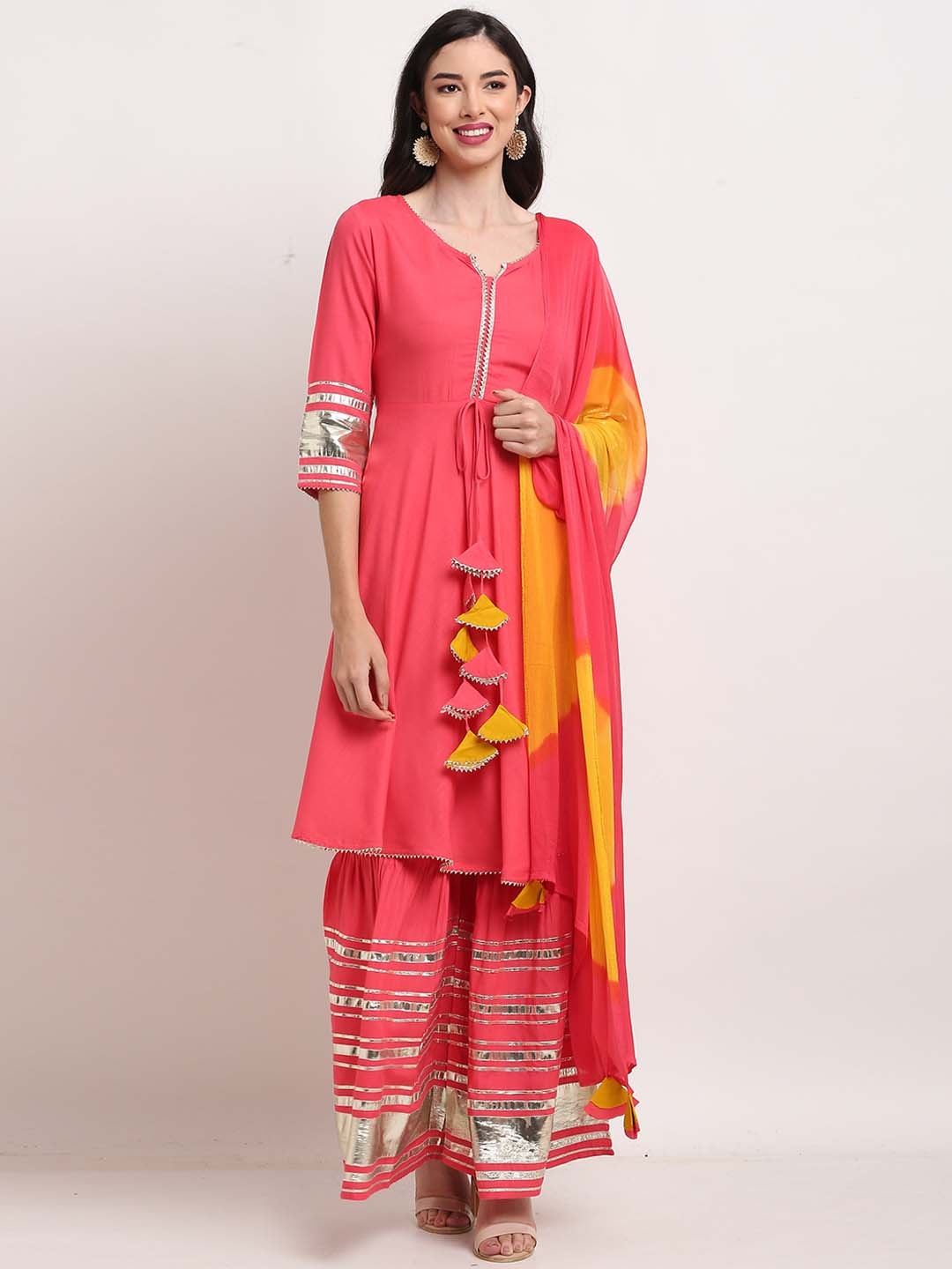 

Rajnandini Women Pink Pleated Gotta Patti Pure Cotton Kurta with Sharara & Dupatta