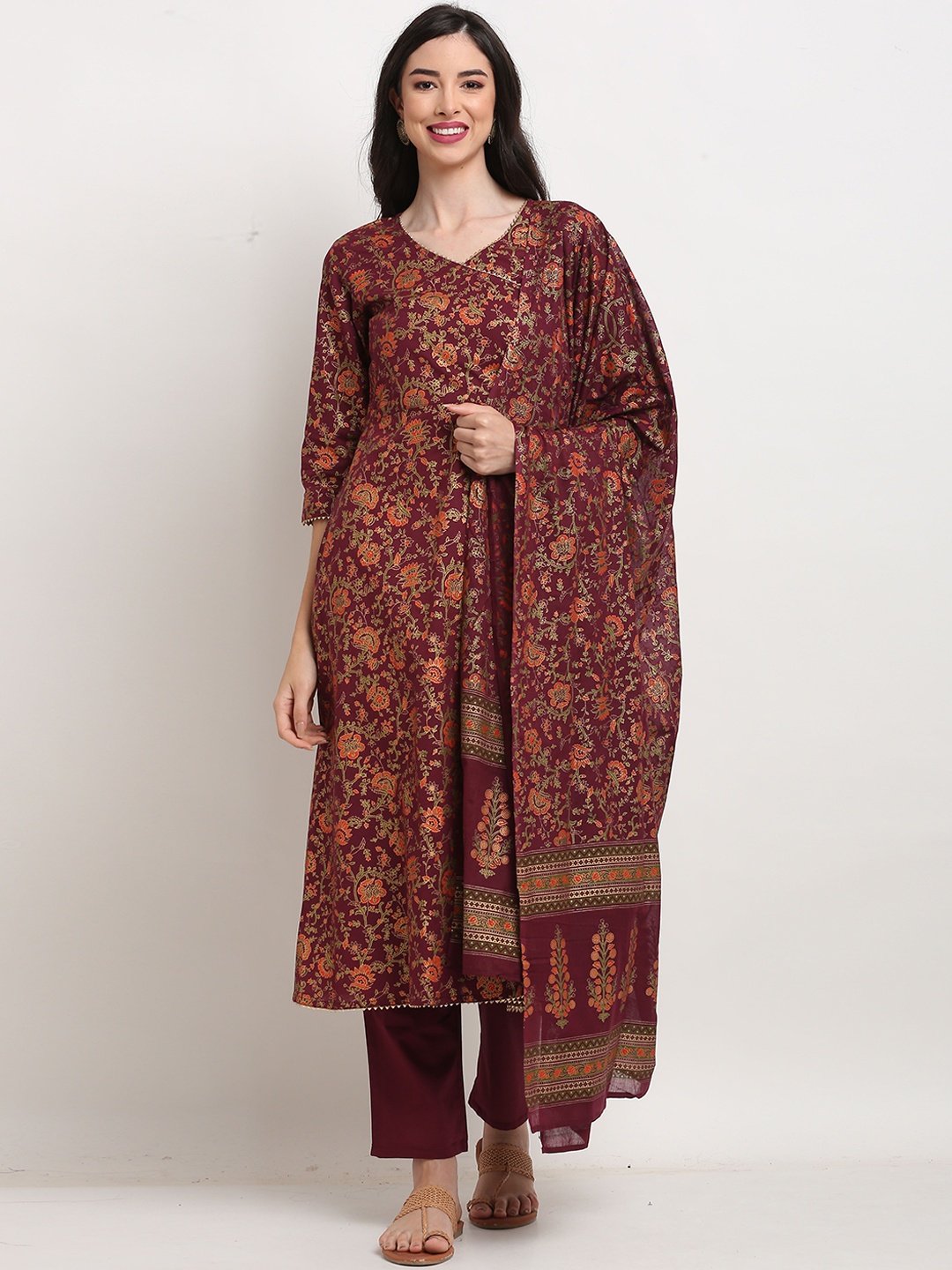 

Rajnandini Women Maroon Printed Regular Pure Cotton Kurta with Trousers & Dupatta