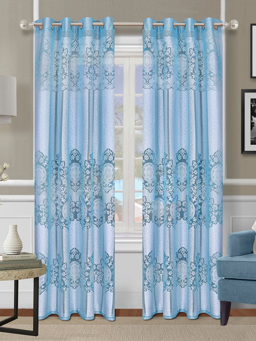 

ROMEE Turquoise Blue & Silver-Toned Set of 2 Floral Sheer Door Curtain