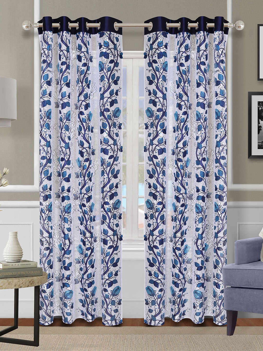 

ROMEE Off White & Blue Set of 2 Floral Sheer Door Curtain