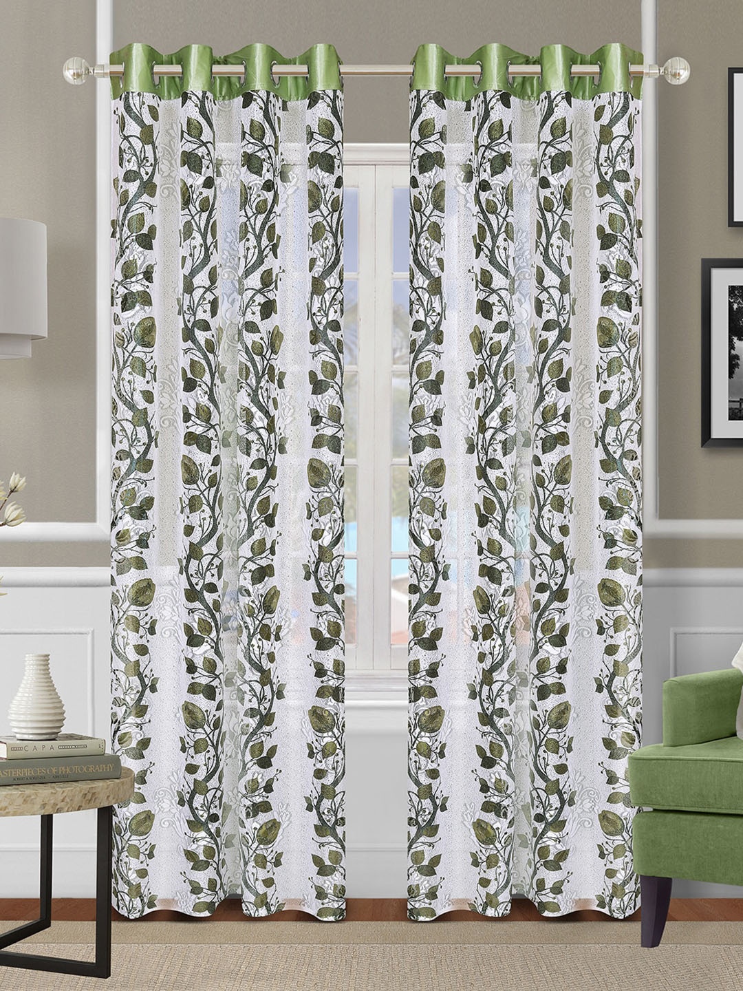 

ROMEE Off White & Green Set of 2 Floral Semi Sheer Long Door Curtains