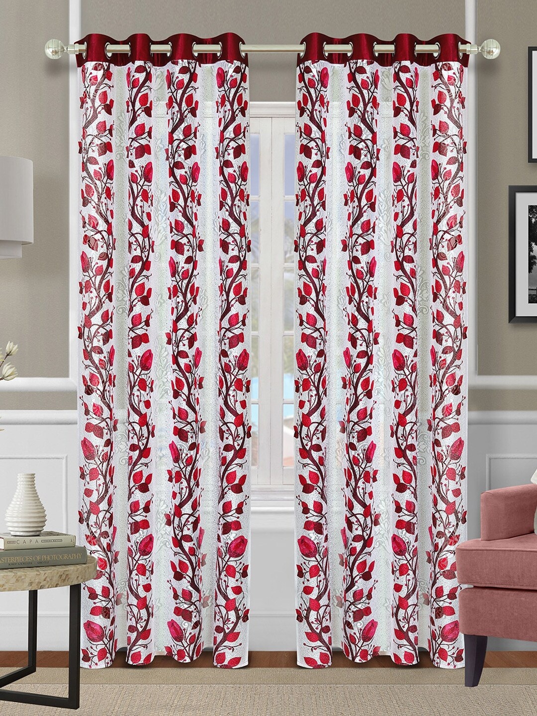 ROMEE Off White & Red Set of 2 Floral Net Sheer Long Door Curtain
