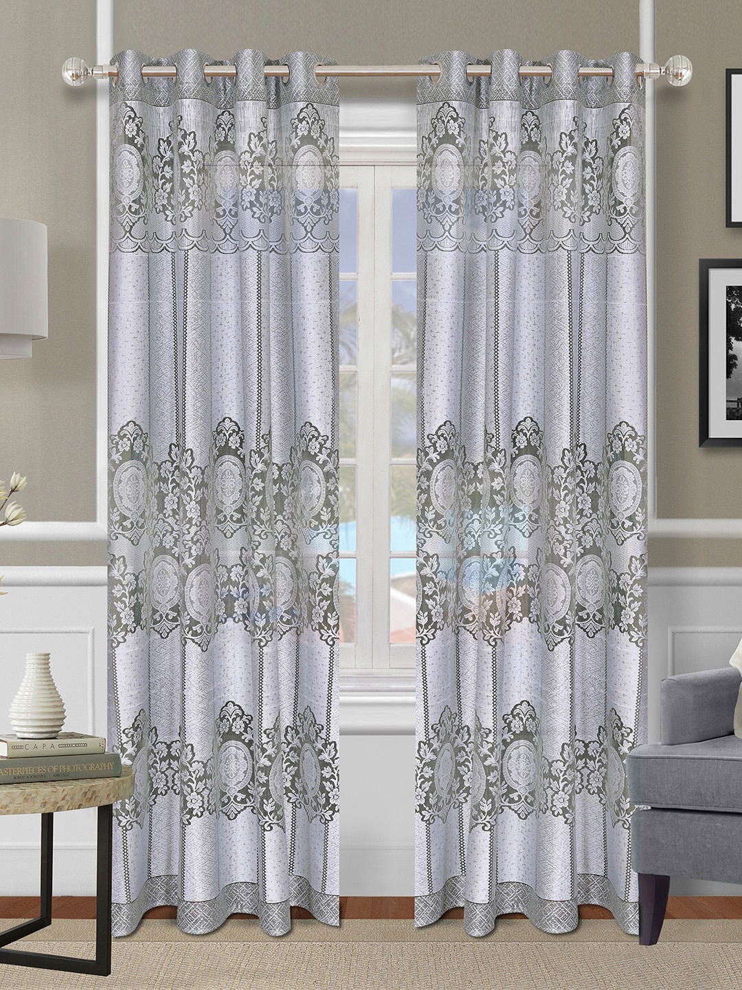 

ROMEE Silver-Toned & White Set of 2 Floral Sheer Long Door Curtain