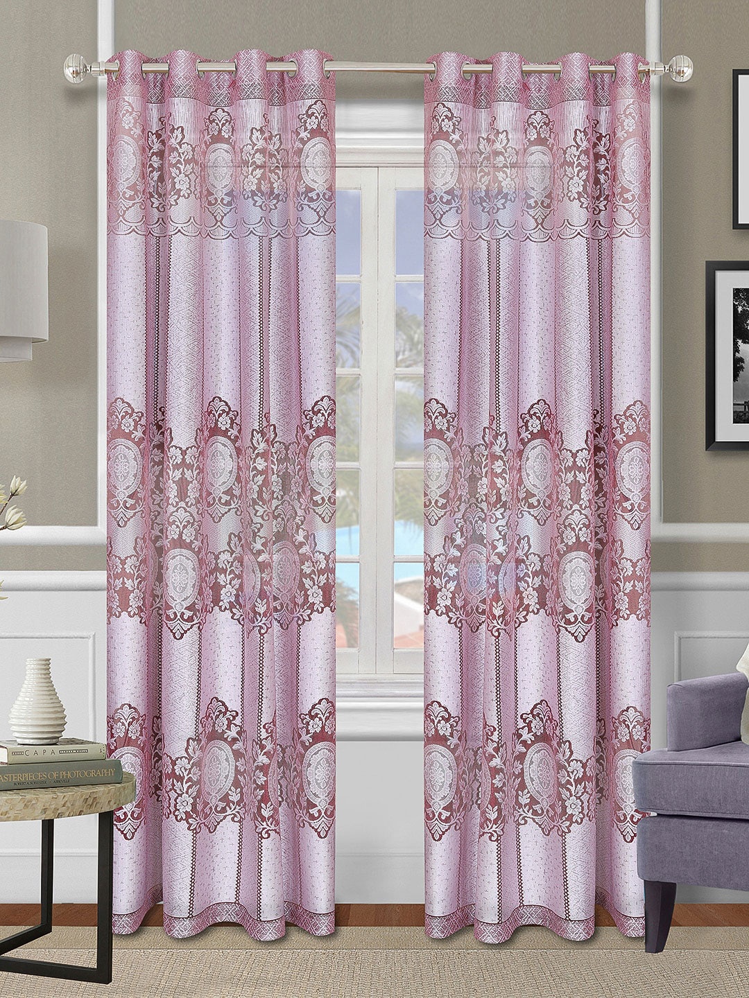 

ROMEE Maroon & Silver-Toned Set of 2 Ethnic Motifs Semi Sheer Long Door Curtains