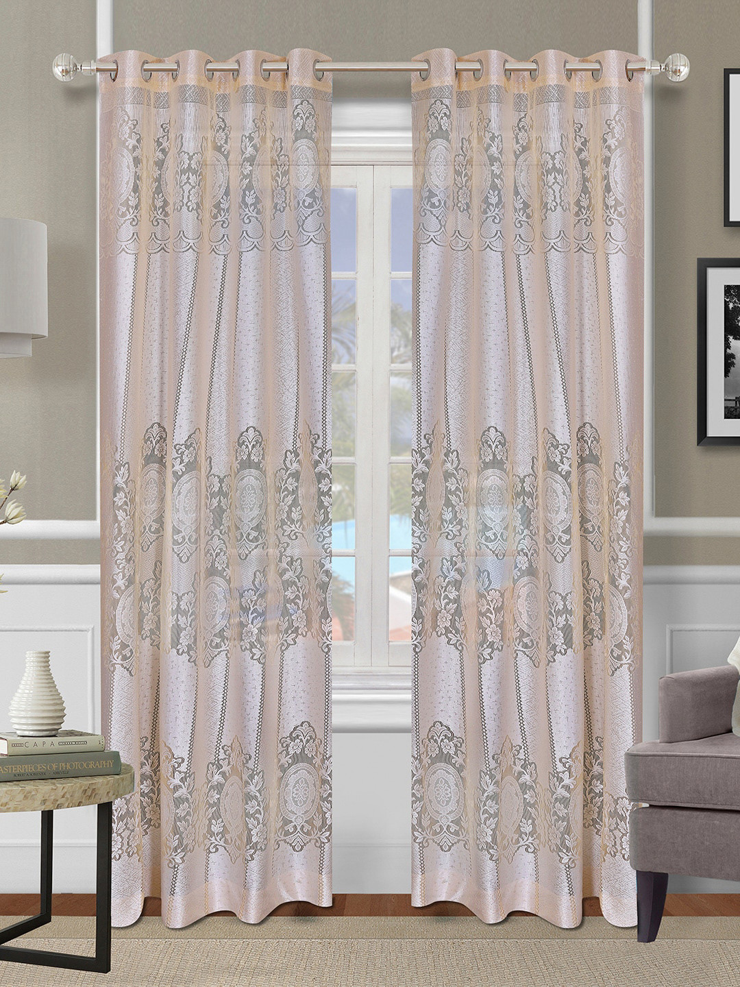

ROMEE Set of 2 Ethnic Motifs Printed Semi Transparent Net Sheer Curtain 7 feet, Beige