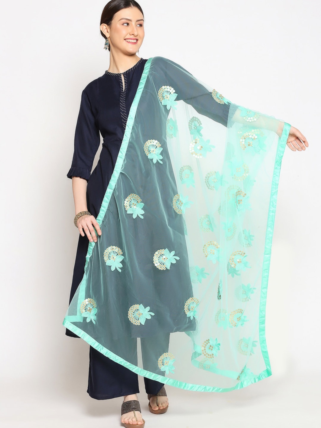 

Dupatta Bazaar Sea Green & Gold-Toned Embroidered Net Dupatta With Sequinned