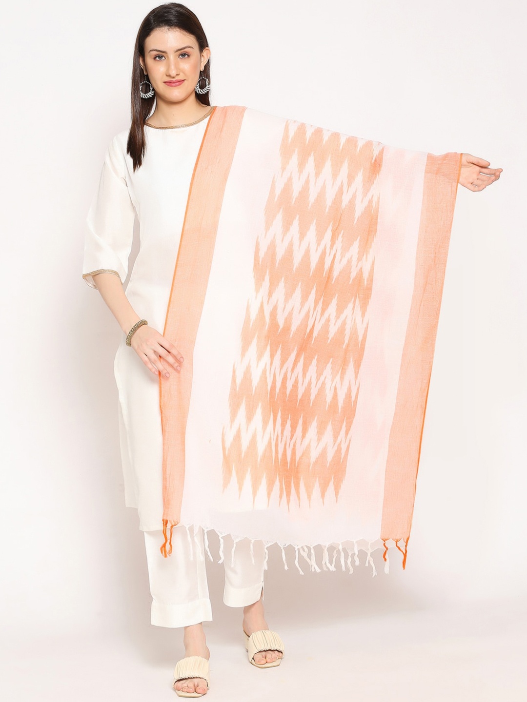 

Dupatta Bazaar Orange & White Woven Design Pure Cotton Ikat Dupatta