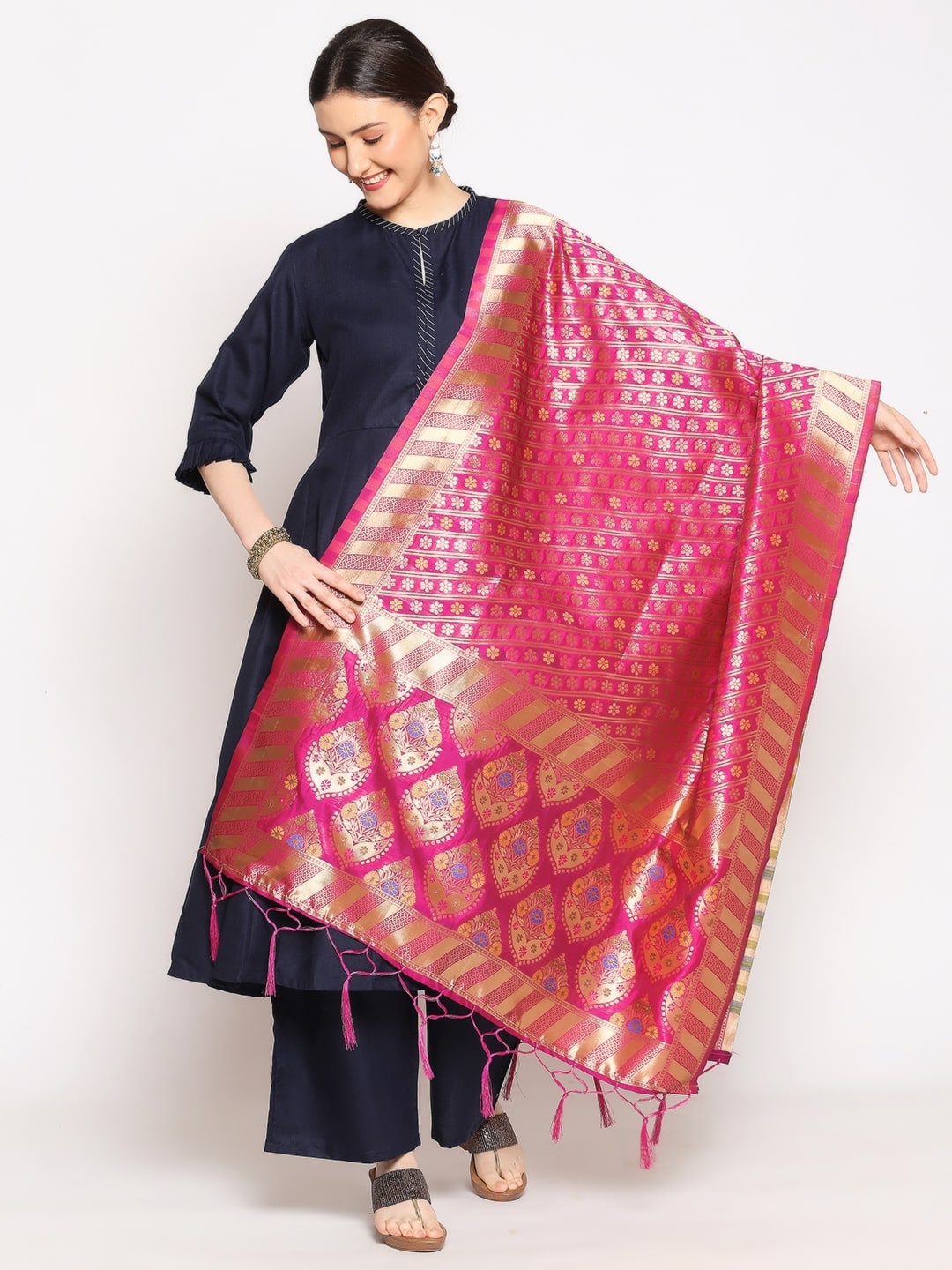 

Dupatta Bazaar Pink & Gold-Coloured Ethnic Motifs Woven Design Banarasi Silk Dupatta