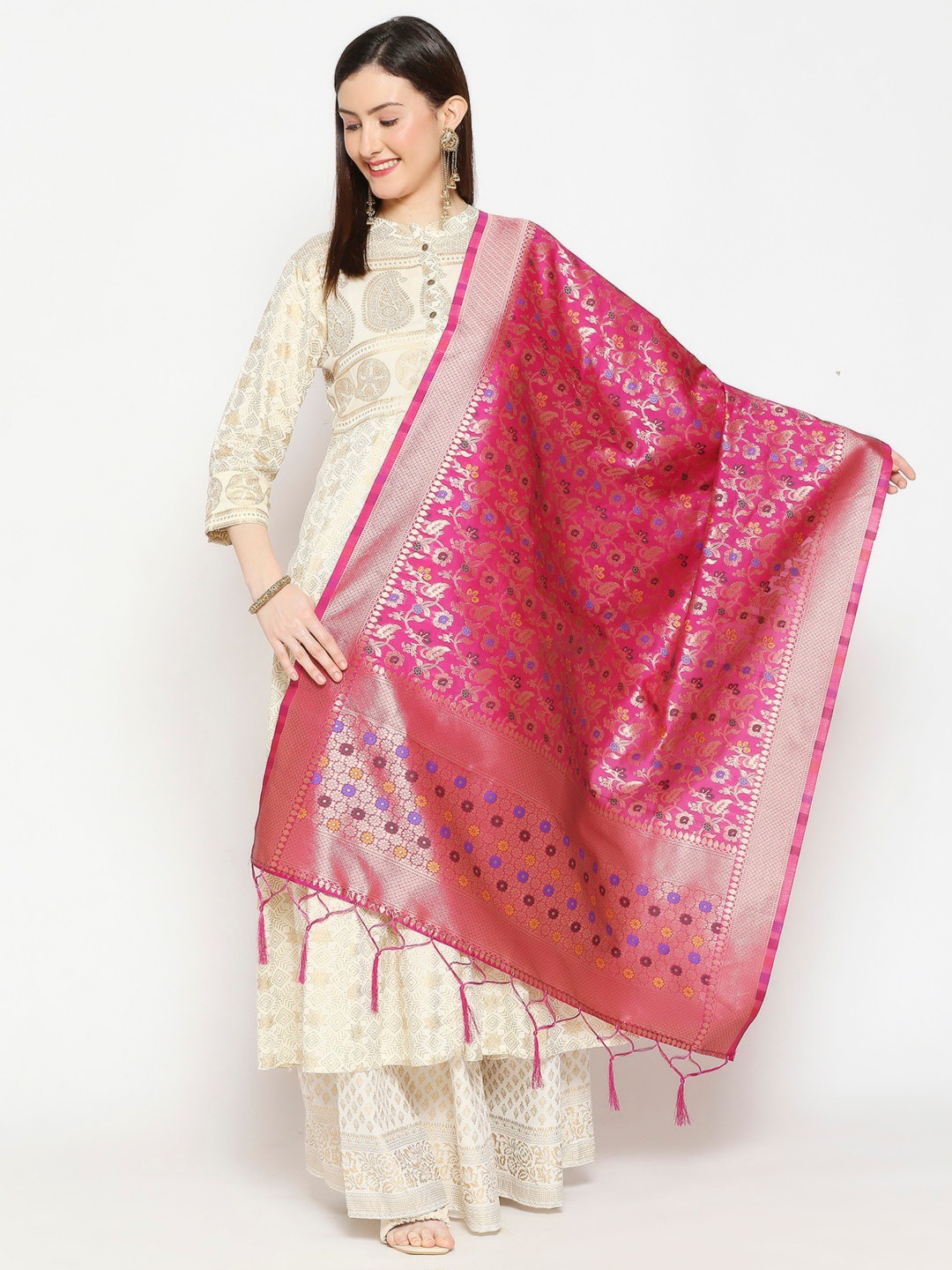 

Dupatta Bazaar Women Pink Woven Design Banarasi Silk Dupatta