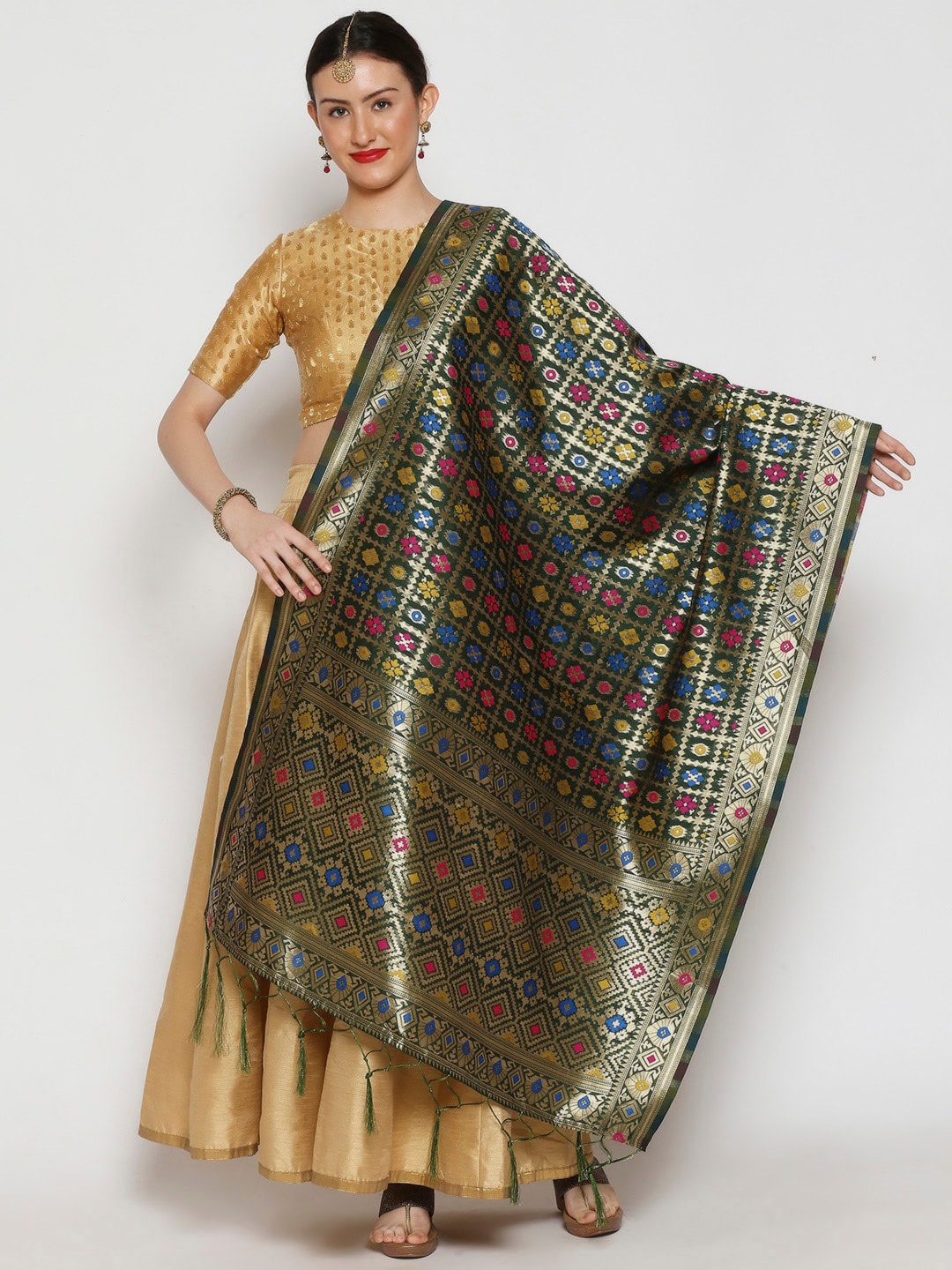

Dupatta Bazaar Green & Gold-Toned Ethnic Motifs Banarasi Silk Dupatta