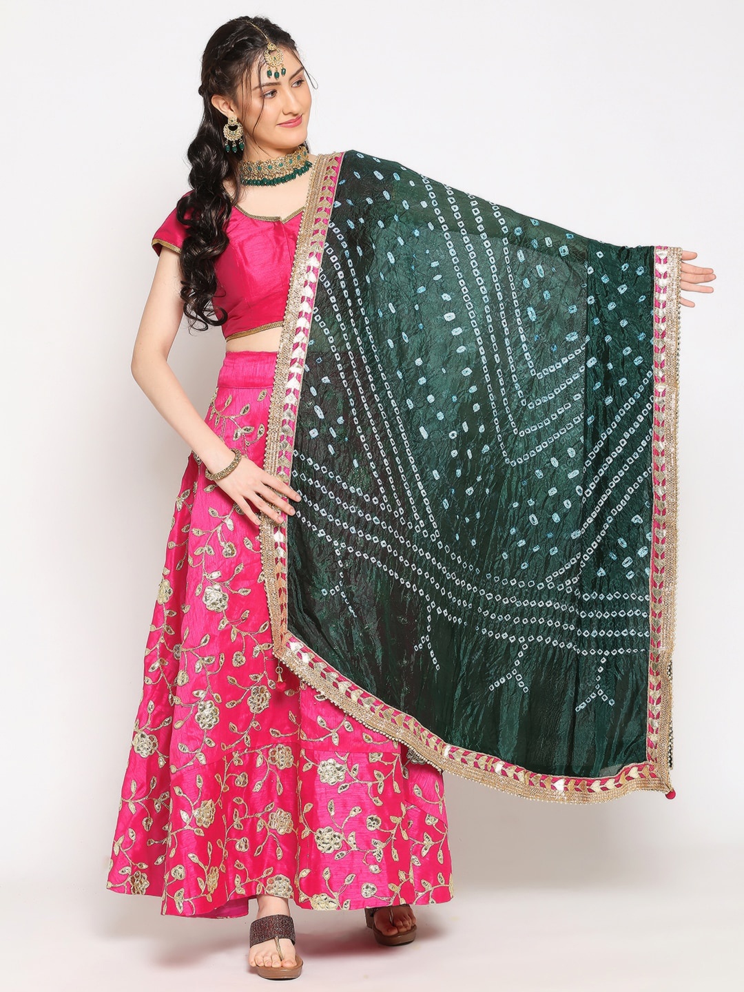 

Dupatta Bazaar Women Bandhini Printed Dupatta with Gotta Patti Border, Green