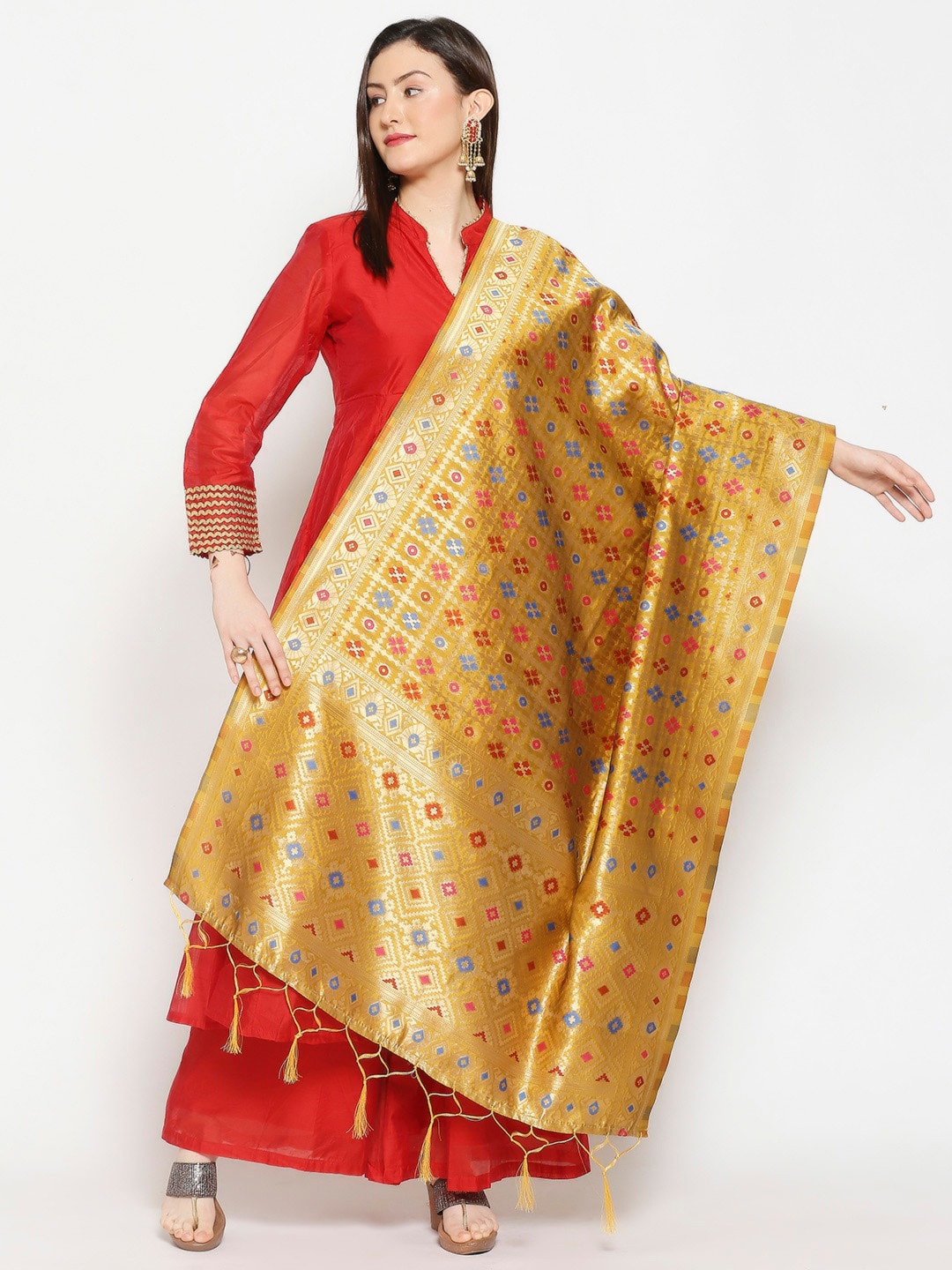 

Dupatta Bazaar Gold-Toned & Blue Ethnic Motifs Woven Design Banarasi Silk Dupatta