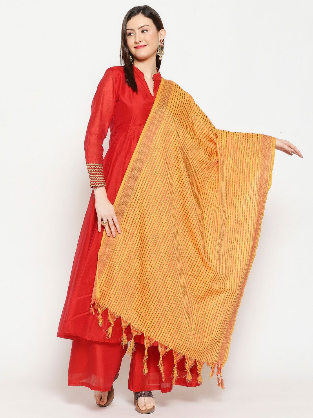 

Dupatta Bazaar Yellow & Red Checked Pure Cotton Dupatta
