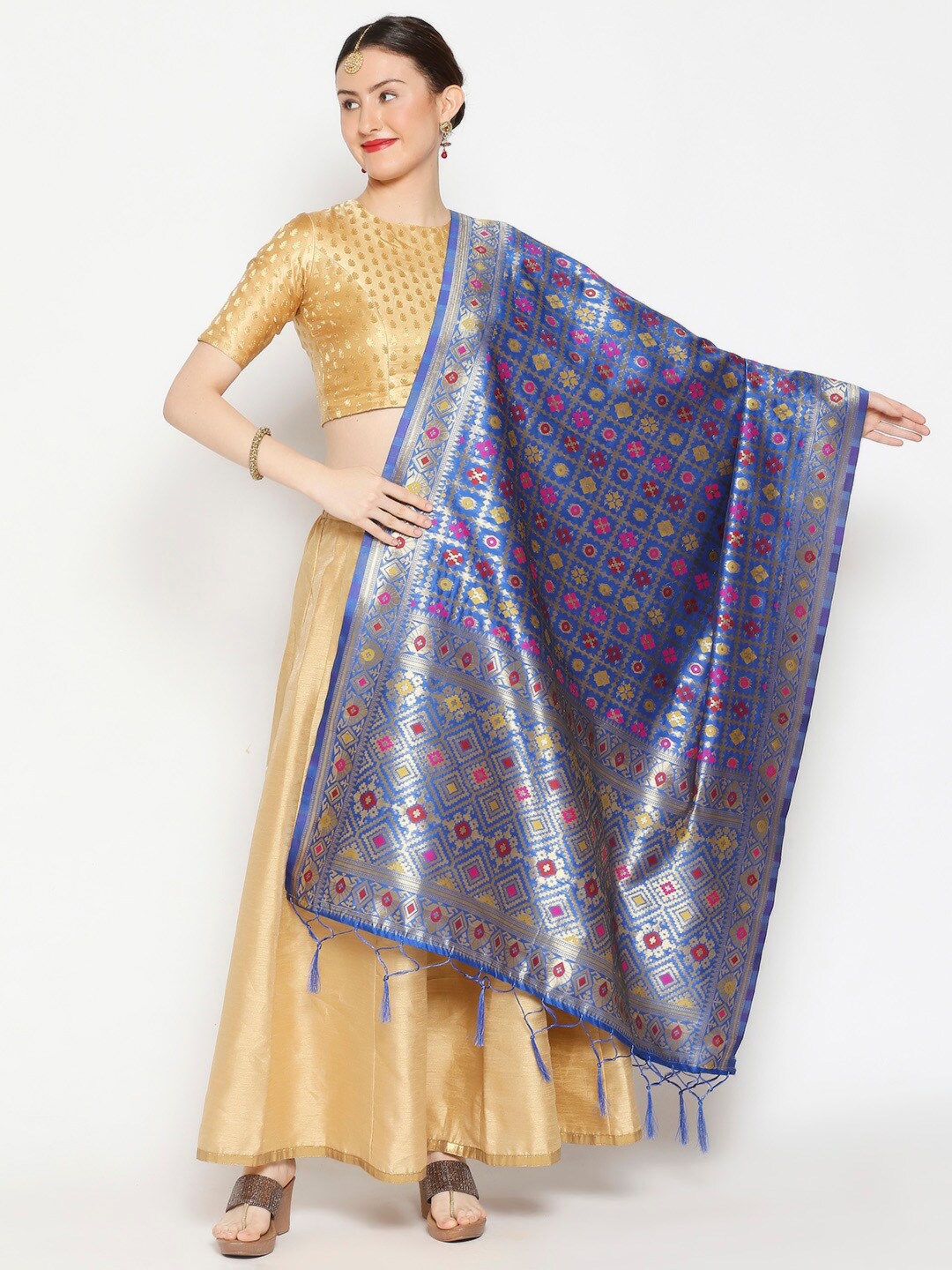 

Dupatta Bazaar Blue & Gold-Toned Ethnic Motifs Woven Design Dupatta