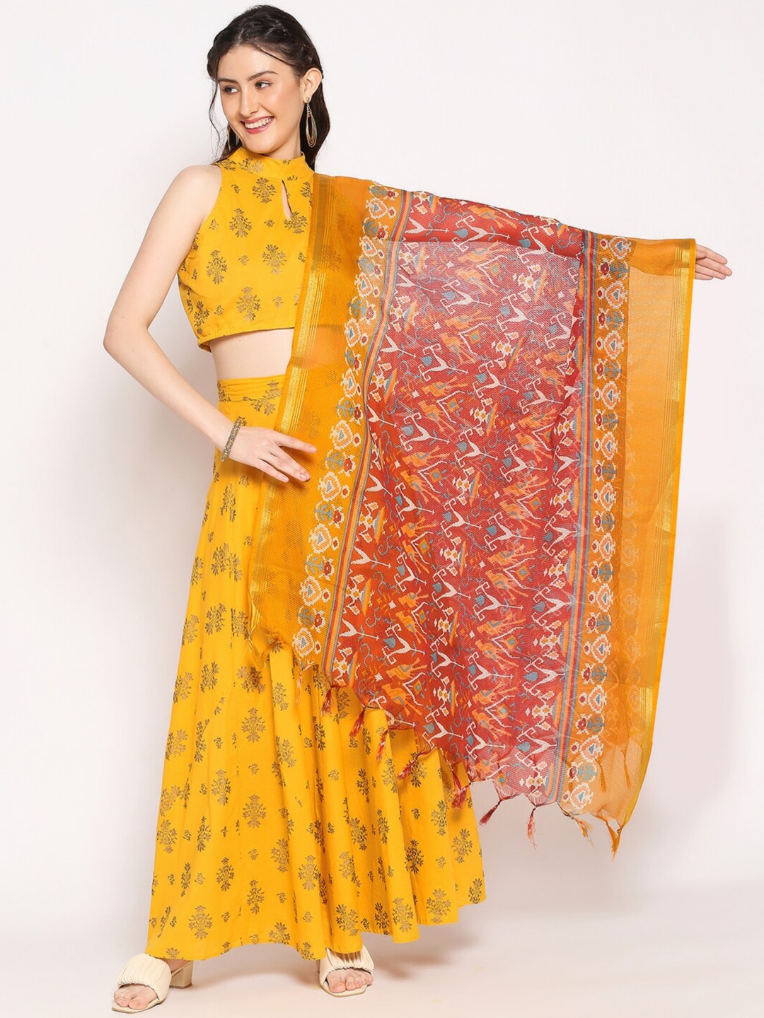 

Dupatta Bazaar Red & Yellow Ethnic Motifs Digital Printed Kota Doria Dupatta