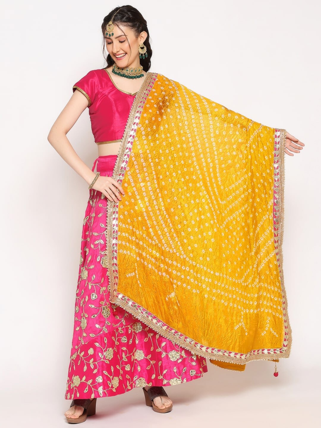 

Dupatta Bazaar Women Yellow Bandhini Printed Dupatta with Gotta Patti Border