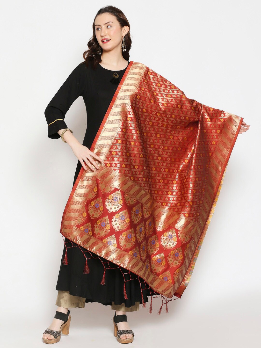 

Dupatta Bazaar Red & Gold-Toned Ethnic Motifs Woven Design Banarasi Silk Dupatta