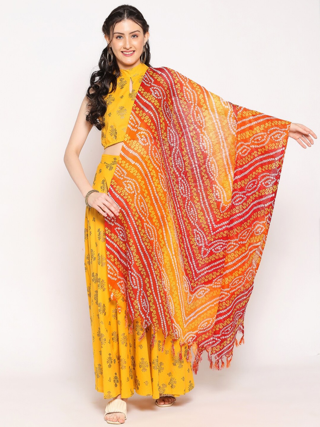 

Dupatta Bazaar Red & Yellow Digital Printed Bandhani Kota Doria Dupatta
