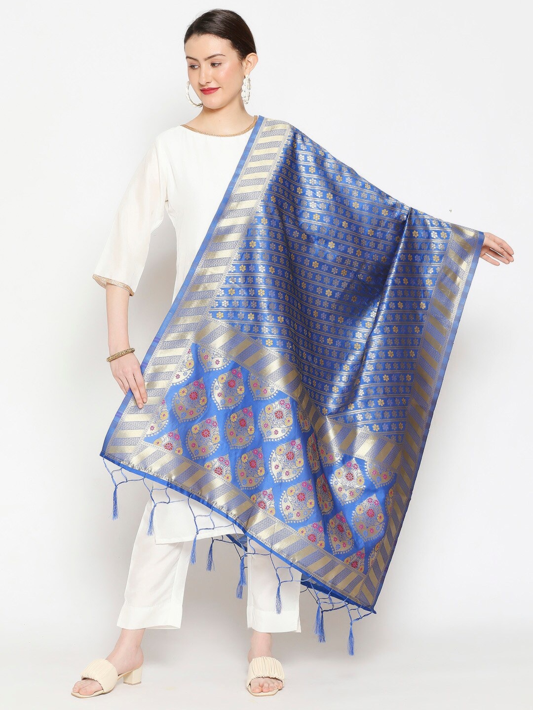 

Dupatta Bazaar Blue & Gold-Toned Ethnic Motifs Woven Design Dupatta