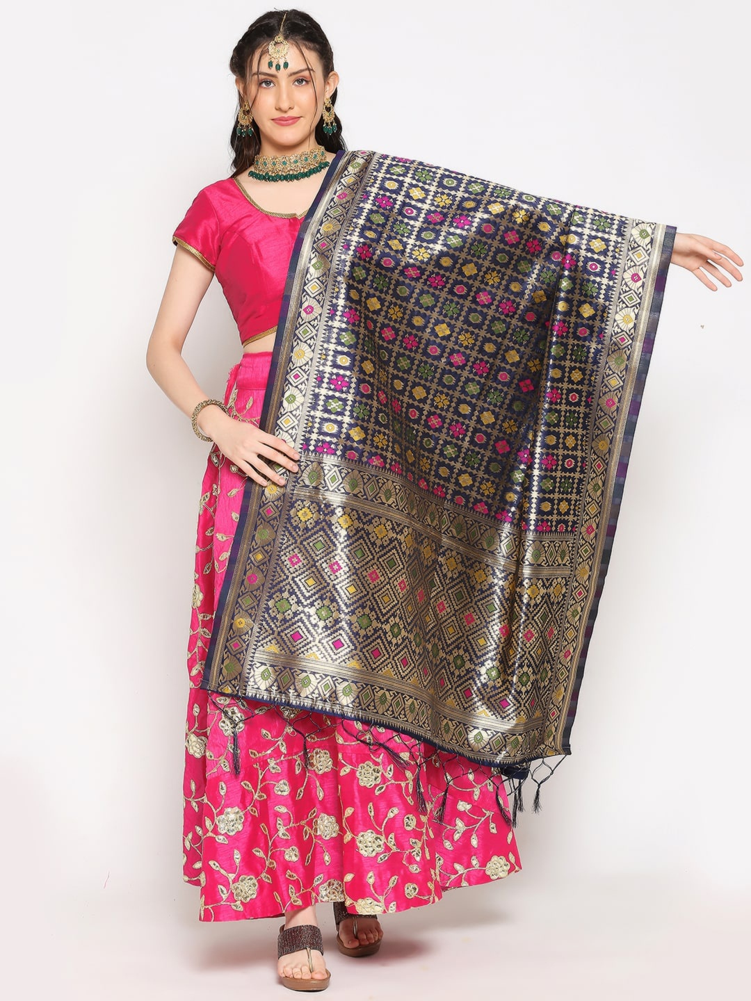 

Dupatta Bazaar Navy Blue & Gold-Toned Ethnic Motifs Woven Design Dupatta