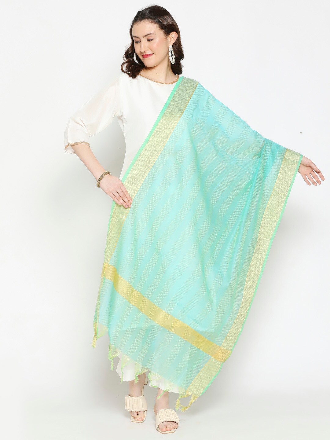 

Dupatta Bazaar Sea Green & Yellow Striped Dupatta with Kantha Work
