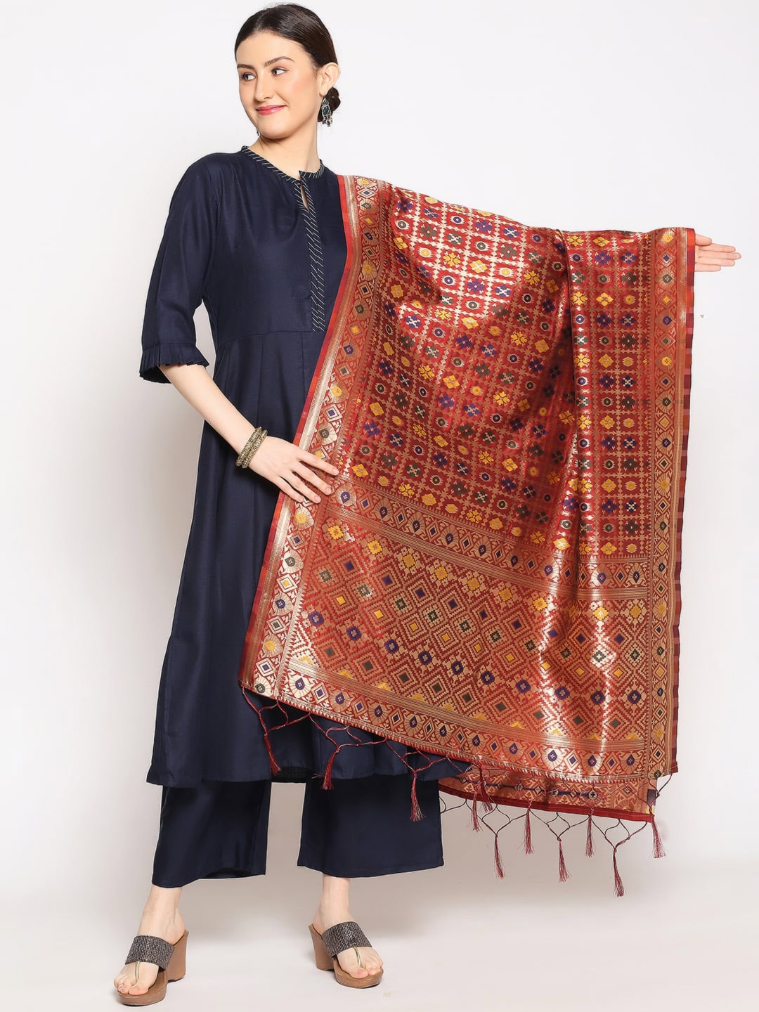 

Dupatta Bazaar Red & Gold-Toned Ethnic Motifs Woven Design Dupatta