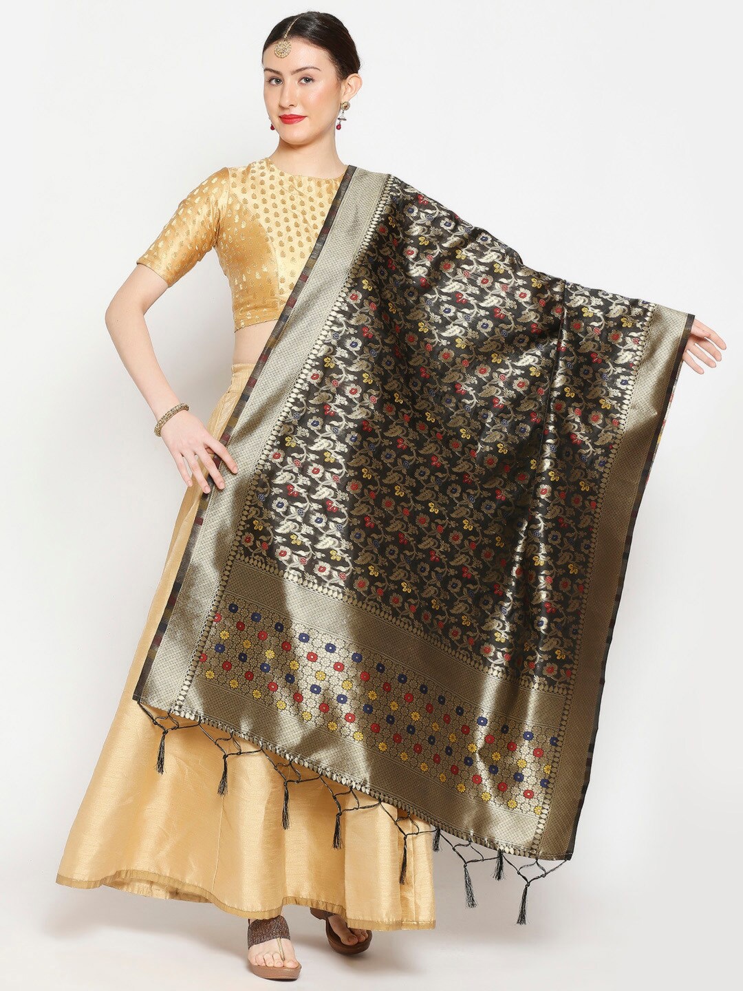 

Dupatta Bazaar Black & Gold-Toned Woven Design Dupatta