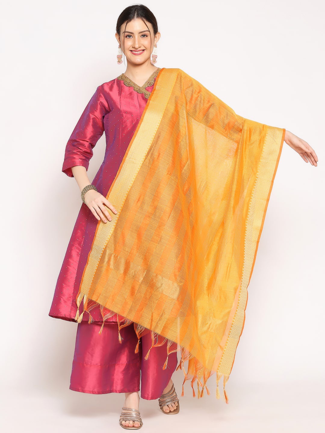 

Dupatta Bazaar Orange & Gold-Toned Striped Chanderi Dupatta with Kantha Work