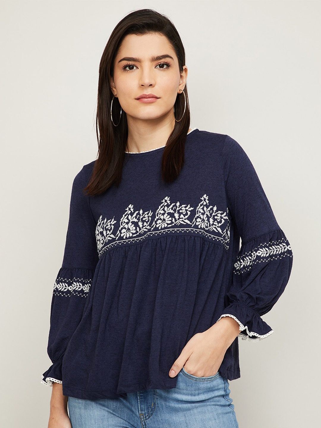 

Fame Forever by Lifestyle Navy Blue & Off White Floral A-Line Top