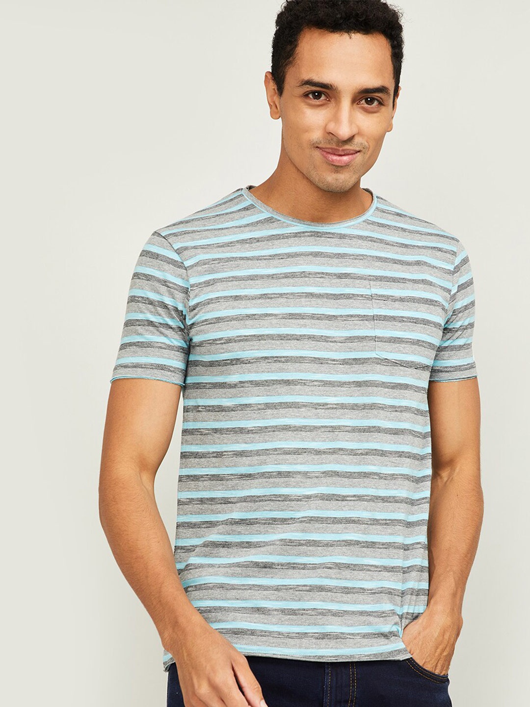 

Forca by Lifestyle Men Sea Green & Grey Striped Slim Fit T-shirt