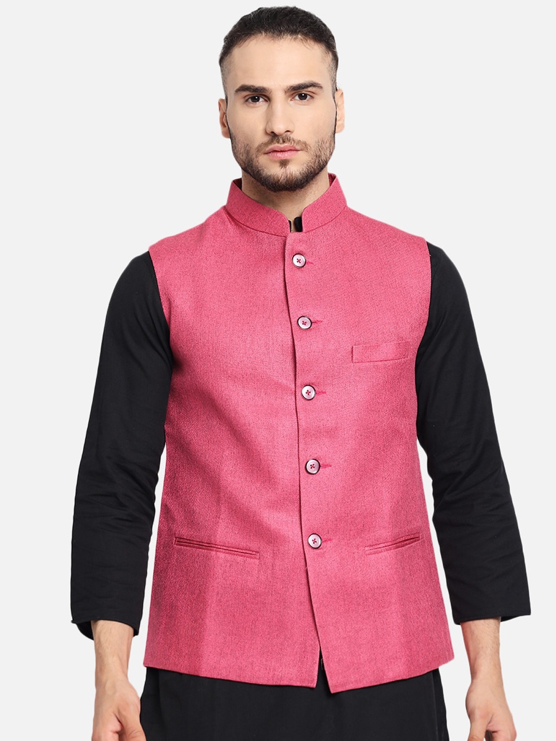 

Vastraa Fusion Men Pink Solid Jute Cotton Woven Nehru Jacket