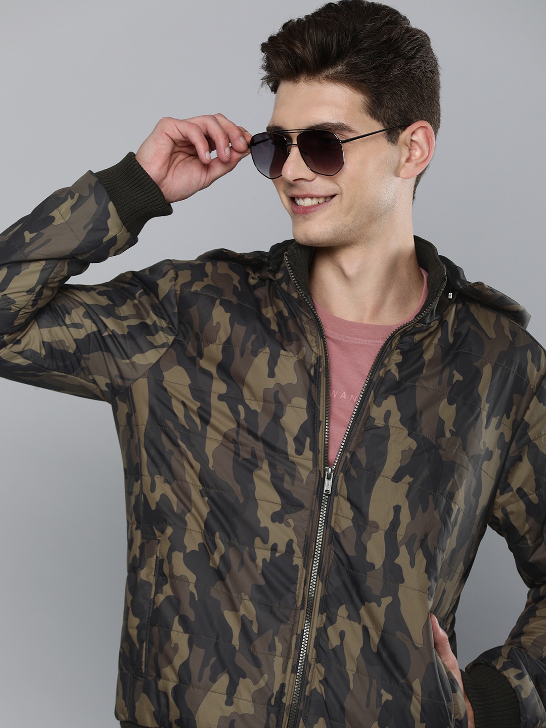 

HERE&NOW Men Green & Black Camouflage Printed Jacket