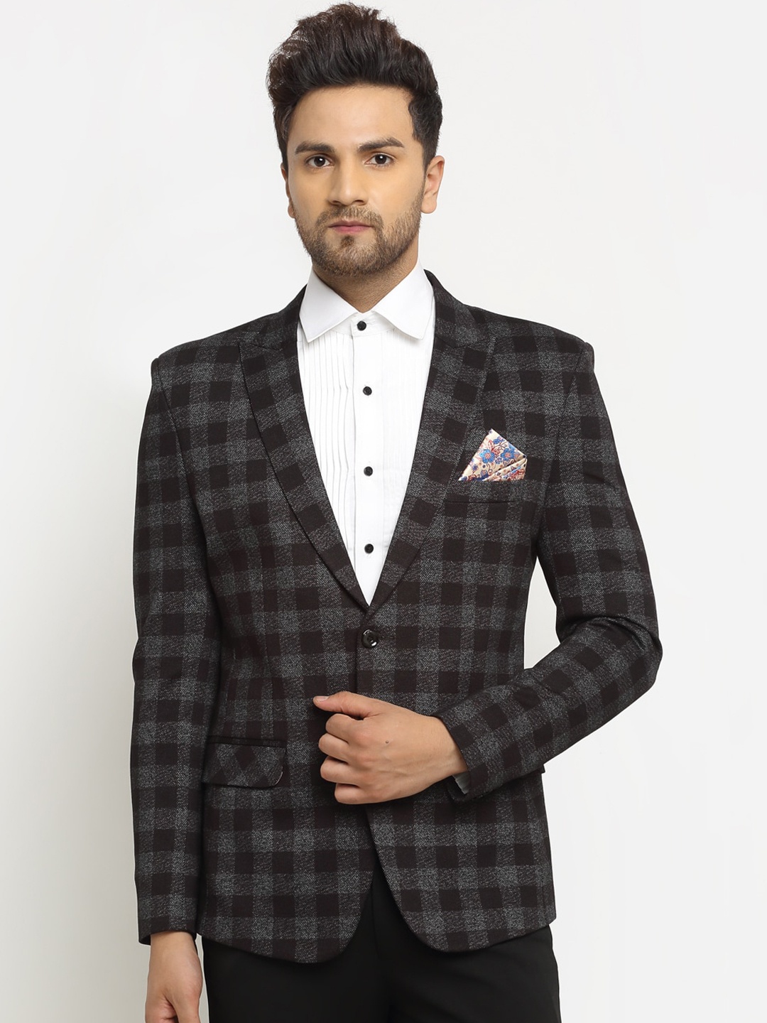 

LUXURAZI Men Grey & Black Checked Single Breasted Tweed Blazer