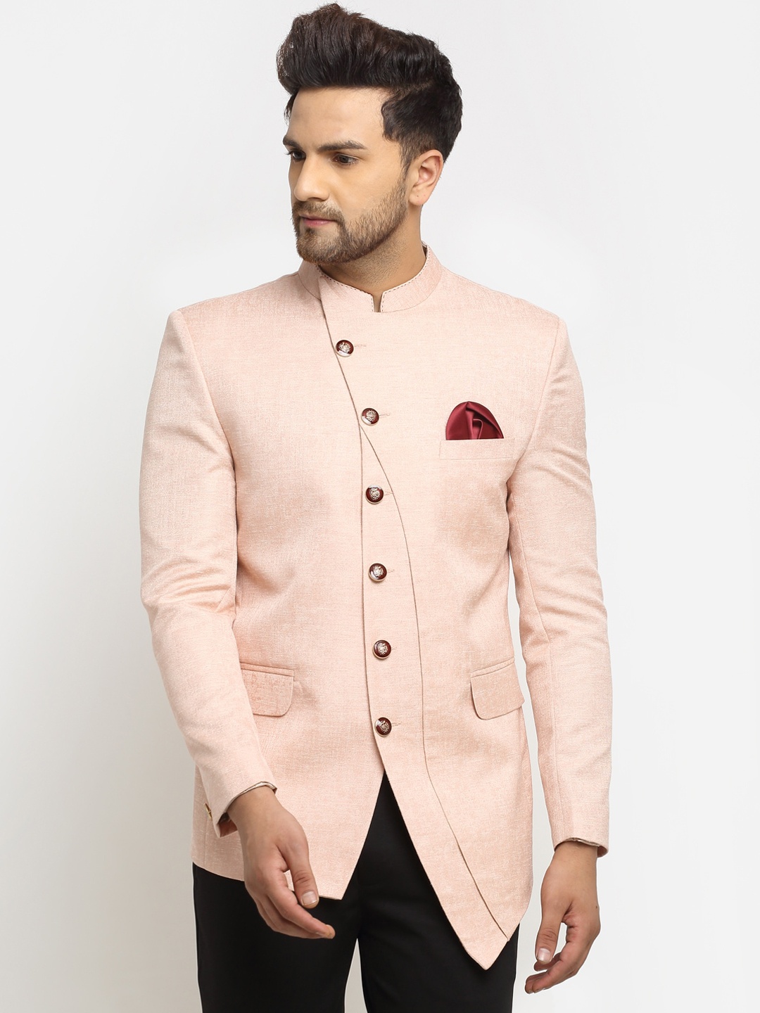 

LUXURAZI Men Peach Solid Bandhgala Jodhpur Blazer