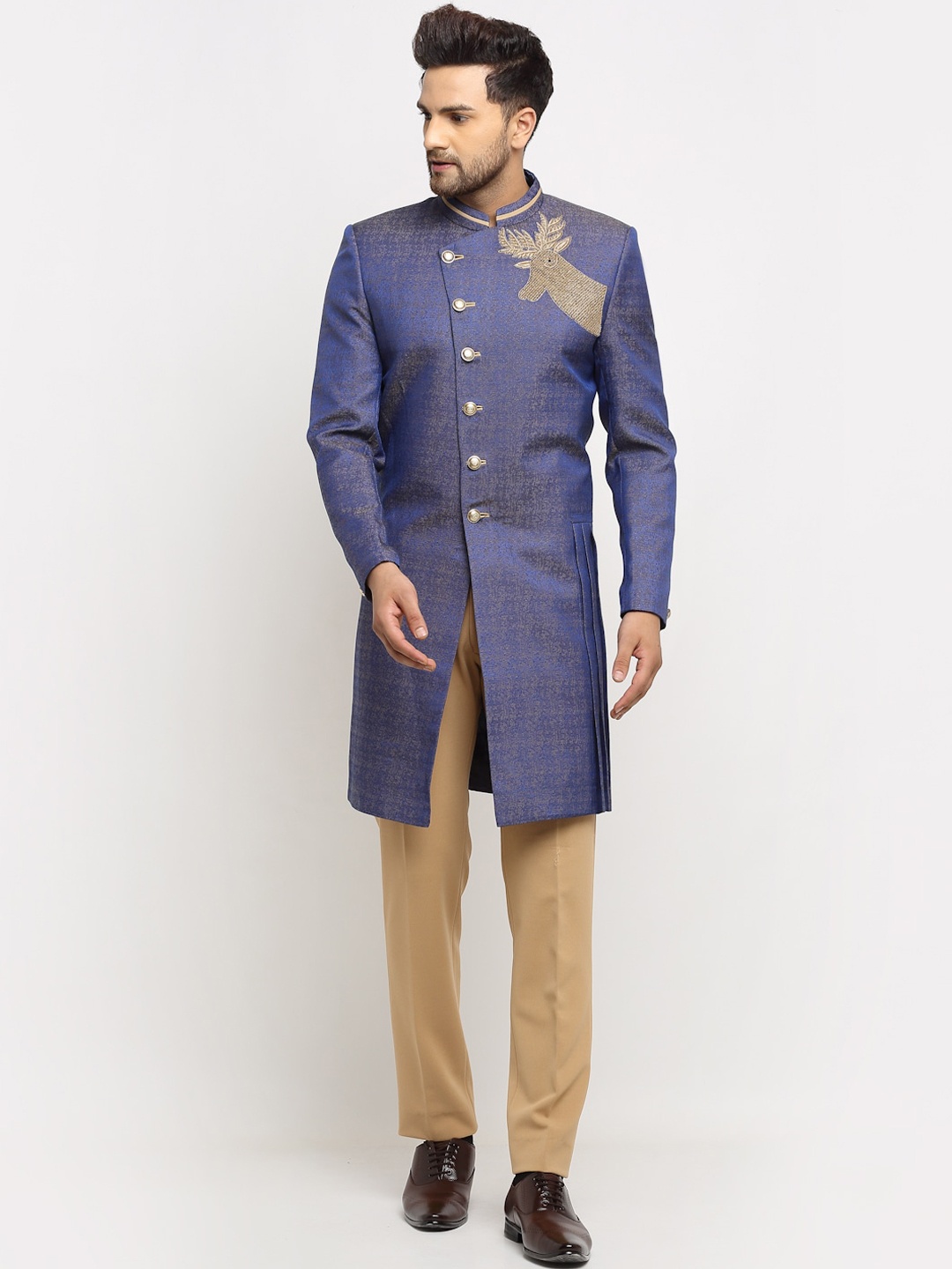 

LUXURAZI Men Blue & Beige Hand-Embroidered Sherwani Set