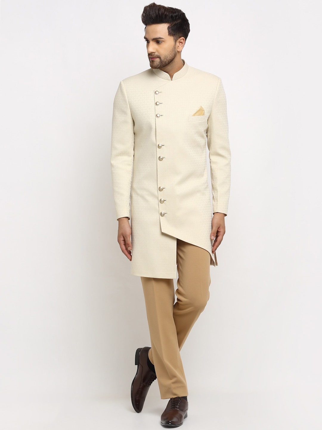 

LUXURAZI Men Beige & Khaki Borown Coloured Textured Sherwani Set