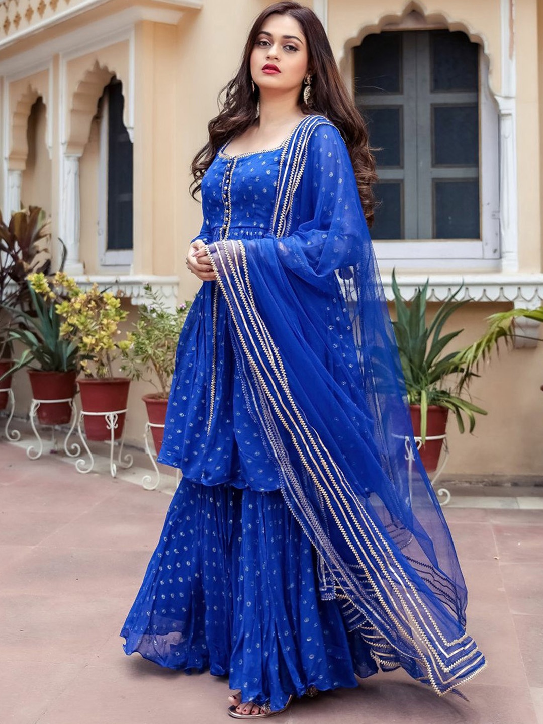 

Lavanya The Label Women Blue Regular Georgette Kurta with Sharara & Dupatta