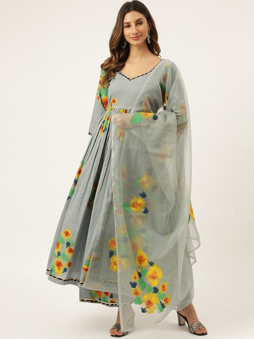 

Lavanya The Label Women Grey Floral Printed Pure Cotton Kurta with Palazzos & Dupatta