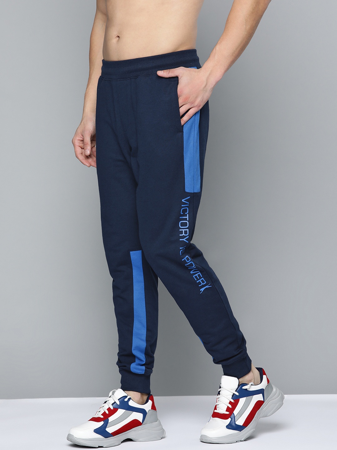 

Slazenger Men Navy Blue Printed Detail Bio-Wash Athleisure Joggers with Contrast Panelling