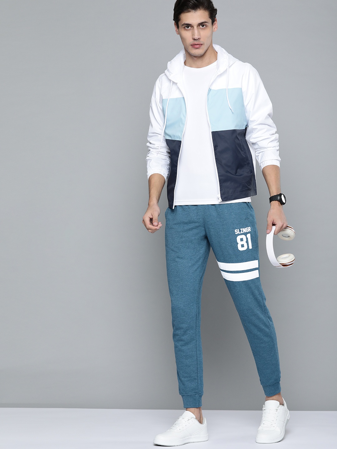 

Slazenger Men Teal Green Brand Logo Printed Joggers with Melange Effect