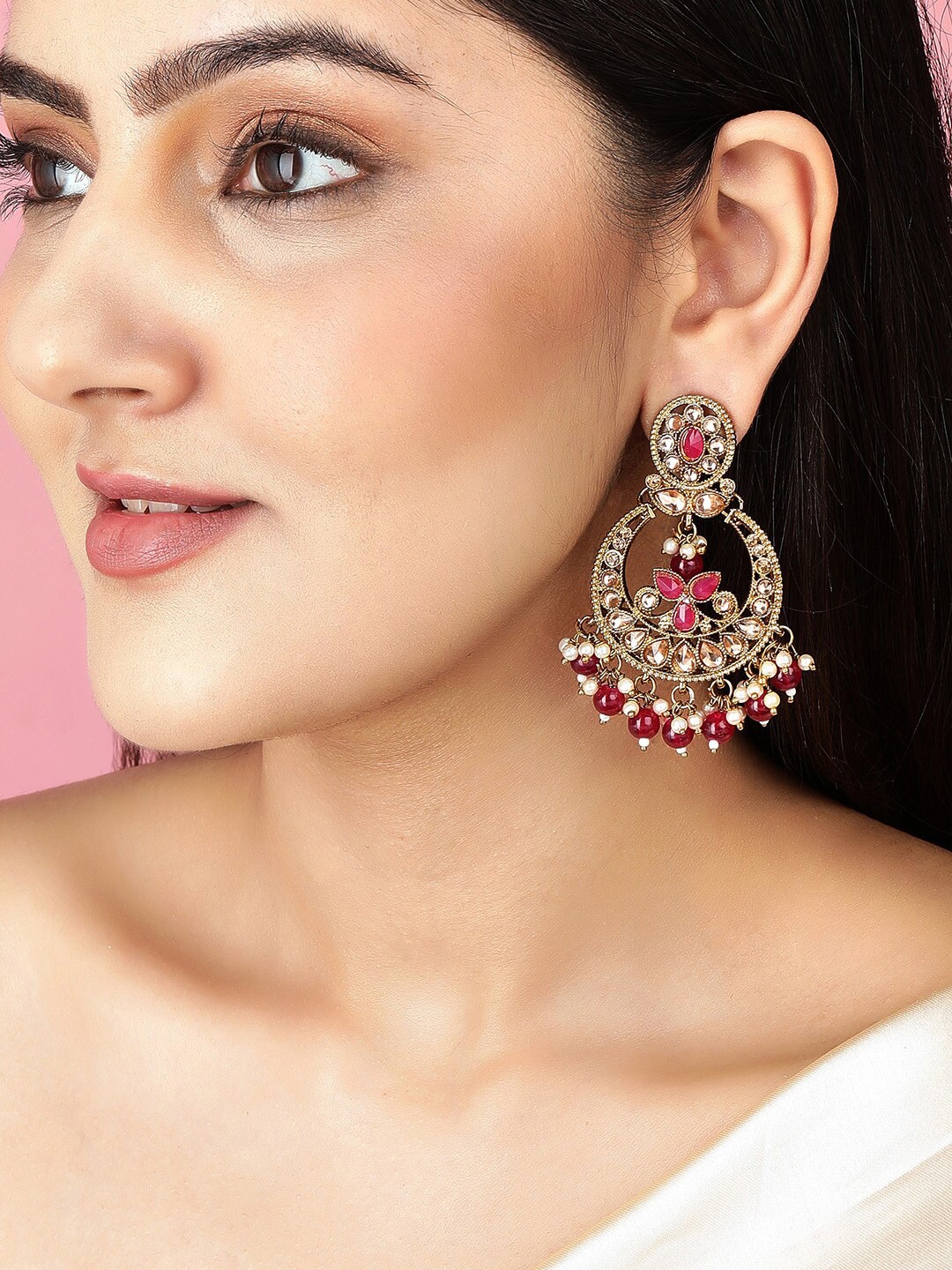 

Rubans Gold-Plated Pink & White Crescent Shaped Chandbalis