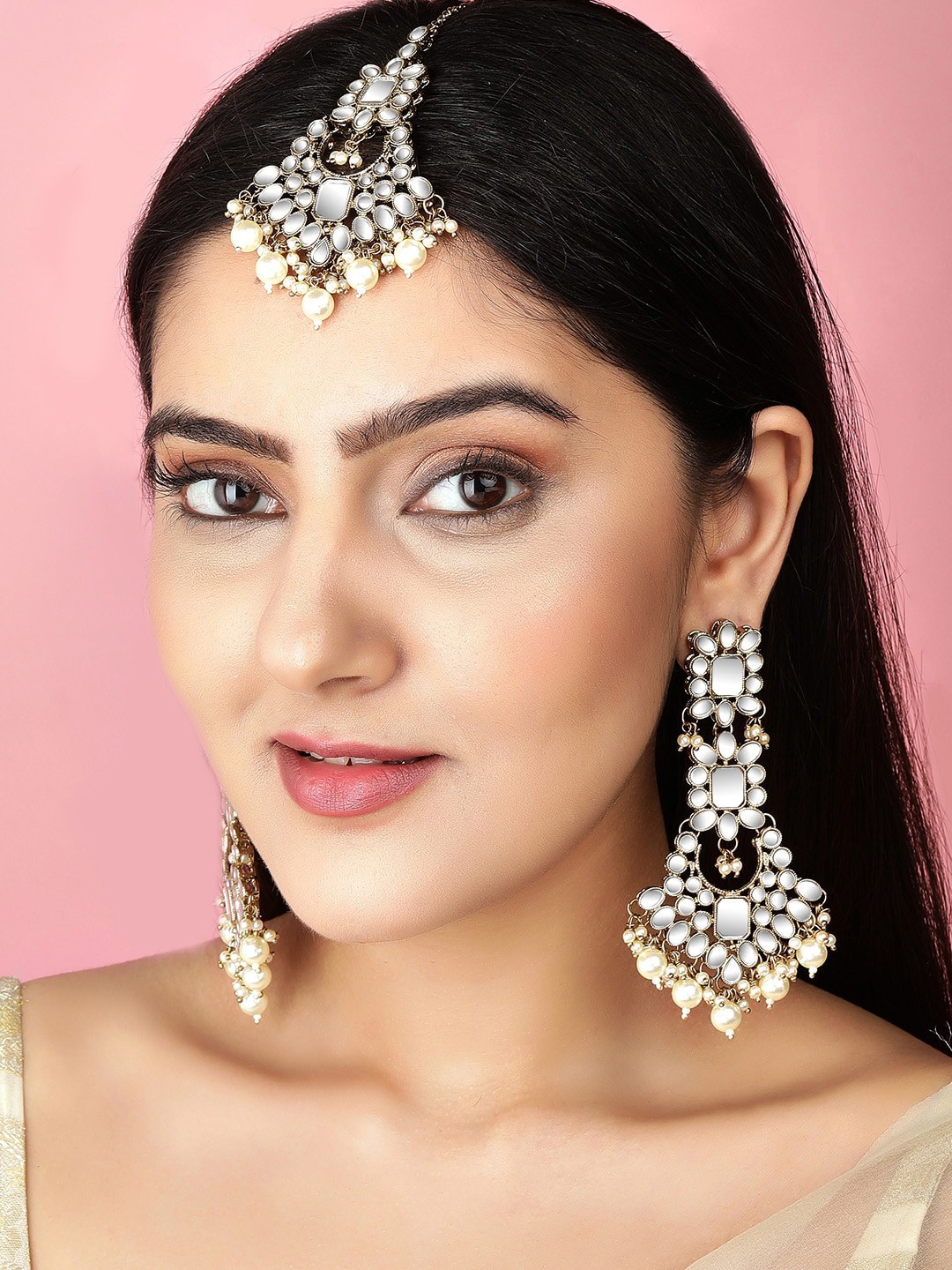 

Rubans Gold Plated Handcrafted Mirror Work Earrings & Maang Tikka Set