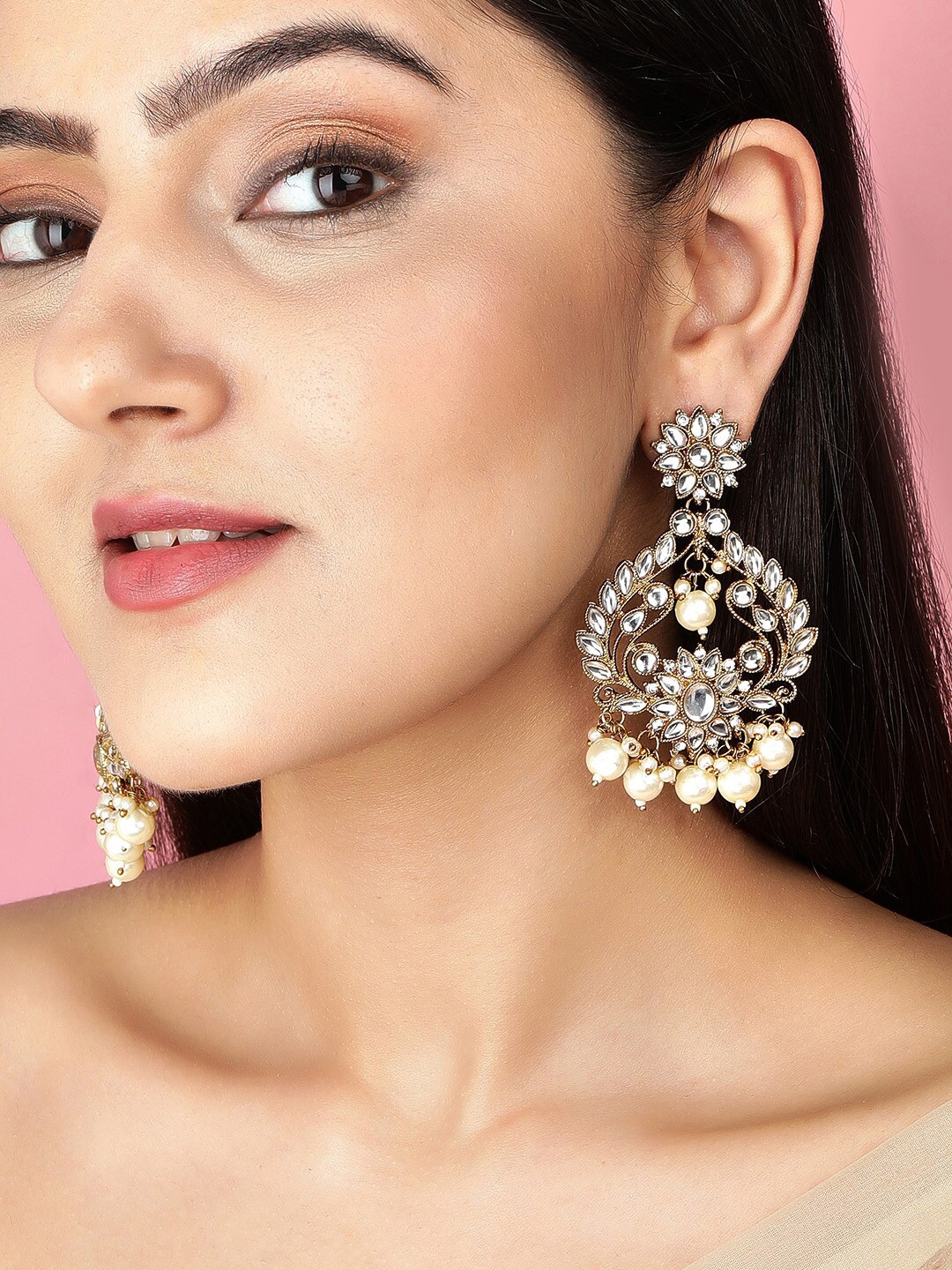 

Rubans Gold-Toned & White Crescent Shaped Chandbalis Earrings