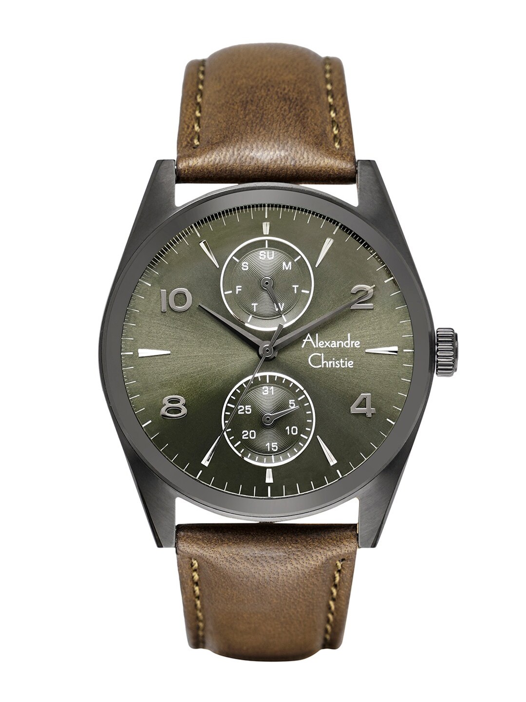 

Alexandre Christie Men Green Dial & Brown Leather Straps Analogue Watch 6579MFLIPGN